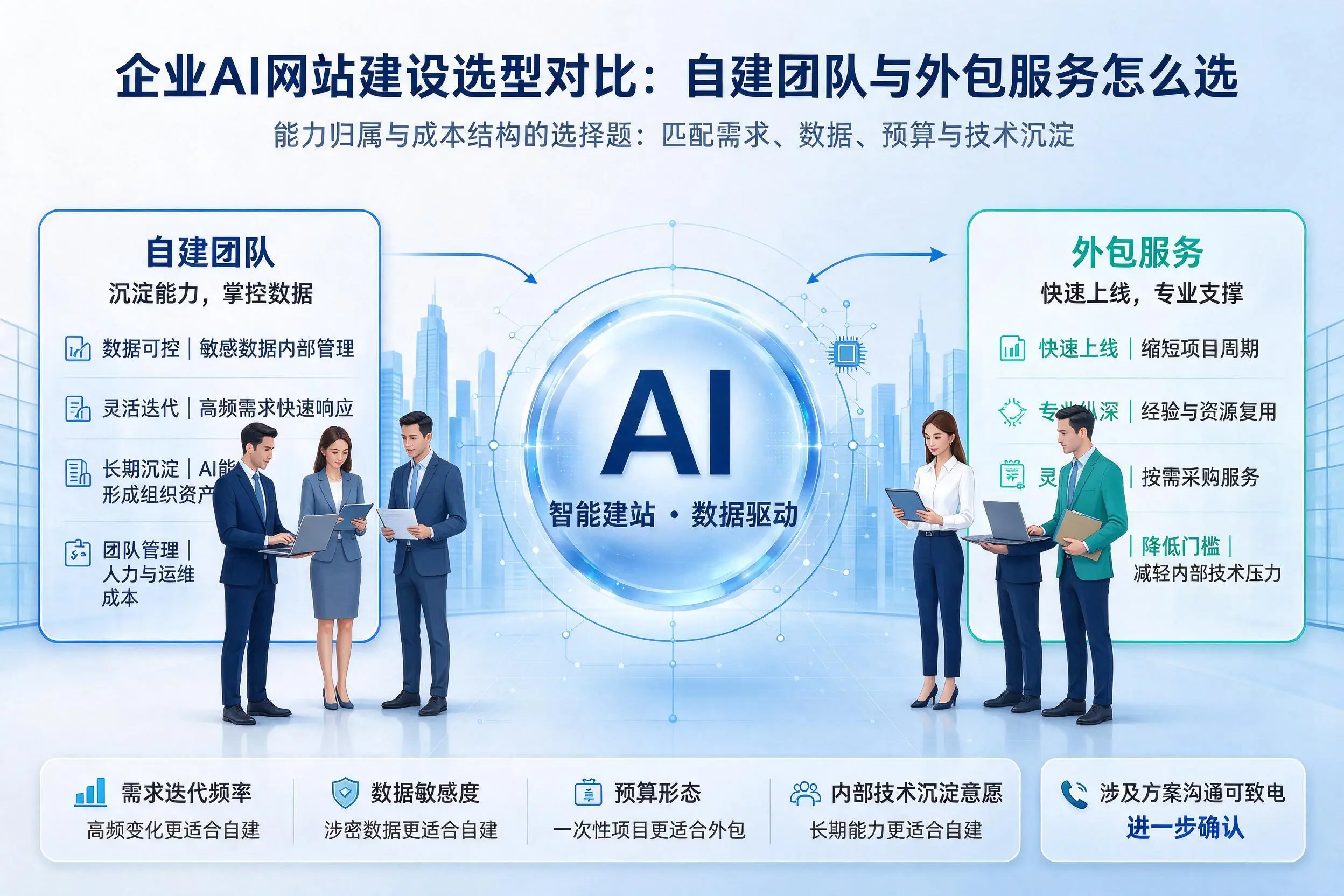 六安企业AI网站建设选型对比:自建团队与外包服务怎么选